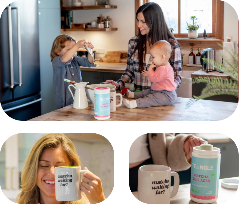 Family in kitchen with matcha products and mugs.