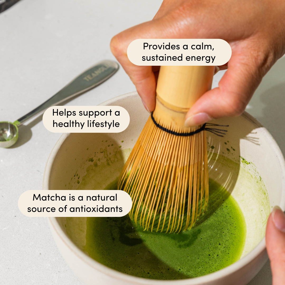 Hand whisking matcha in a bowl with text about benefits.