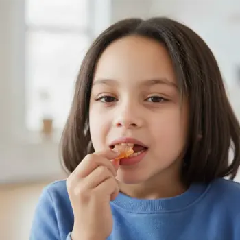 Child in blue shirt eating a gummy candy.