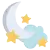 Illustration of crescent moon and stars with a small cloud.