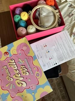 Punch needle kit with colorful yarns and instructions on a table.