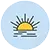Icon of a sun rising over water, inside a blue circle.