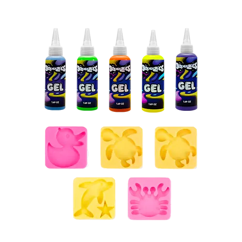 Five bottles of colored gel above silicone molds of animals.