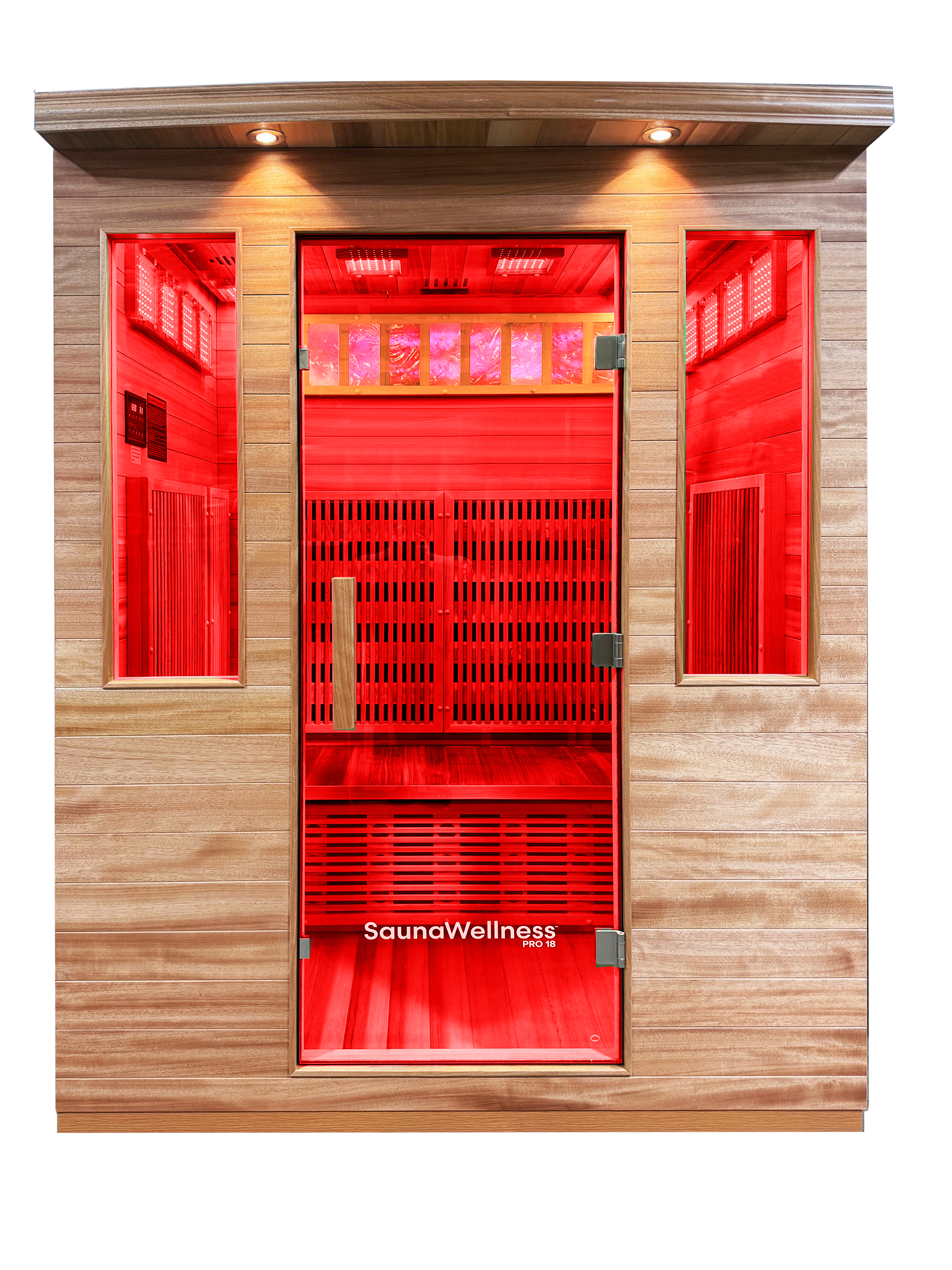 Wooden infrared sauna cabin with glass door and red interior lighting.