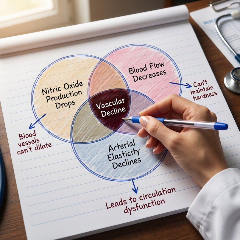 A hand points a pen at a Venn diagram on a notepad explaining the causes of vascular decline.