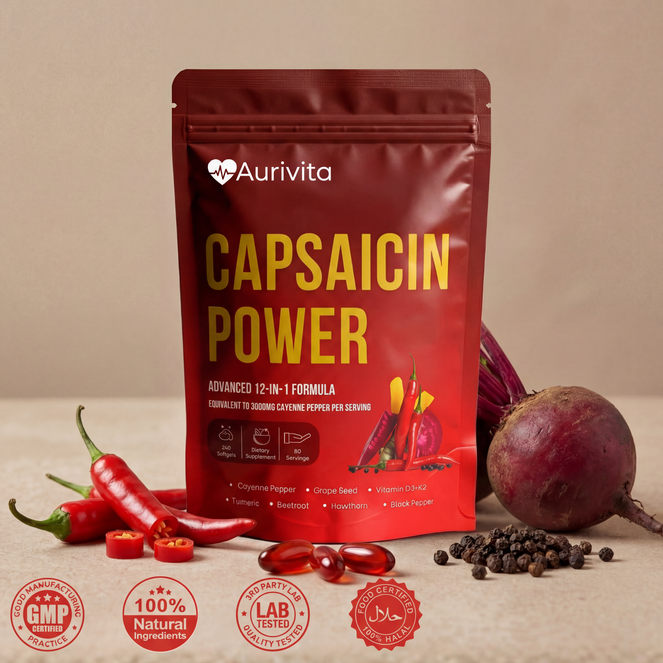 A promotional image for Bora Cayenne Pepper dietary supplement, showing the product pouch with its ingredients.