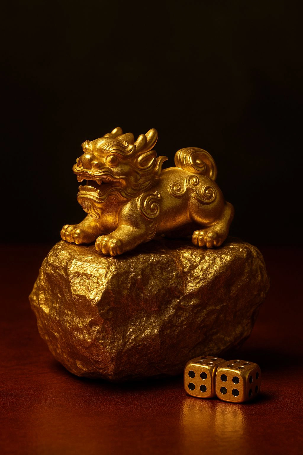 Golden lion statue on rock with two dice beside it.