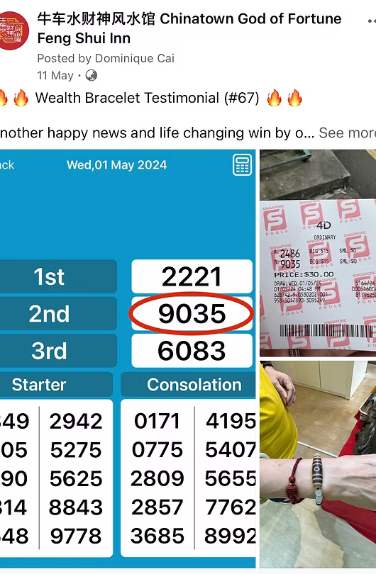 Lottery results with winning numbers and a person wearing a bracelet.