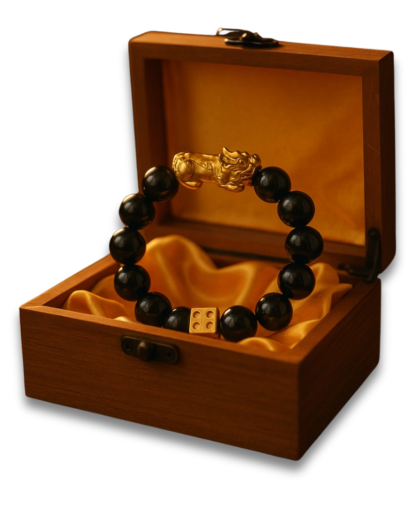 Black beaded bracelet with gold accents in a wooden box with yellow lining.