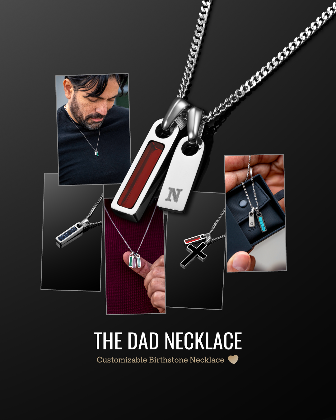 A promotional collage of customizable birthstone necklaces for dads, featuring various pendant styles and engravings.