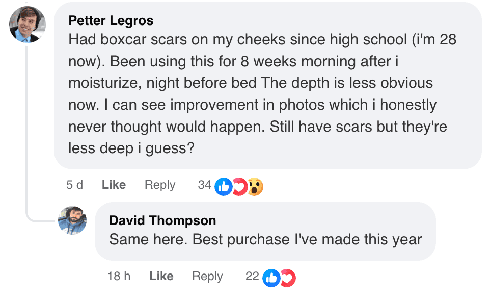A screenshot of social media comments from Petter Legros and David Thompson discussing improvements in skin scars.