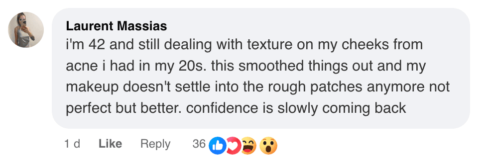 A screenshot of a positive review from Laurent Massias about a product's effect on skin texture.