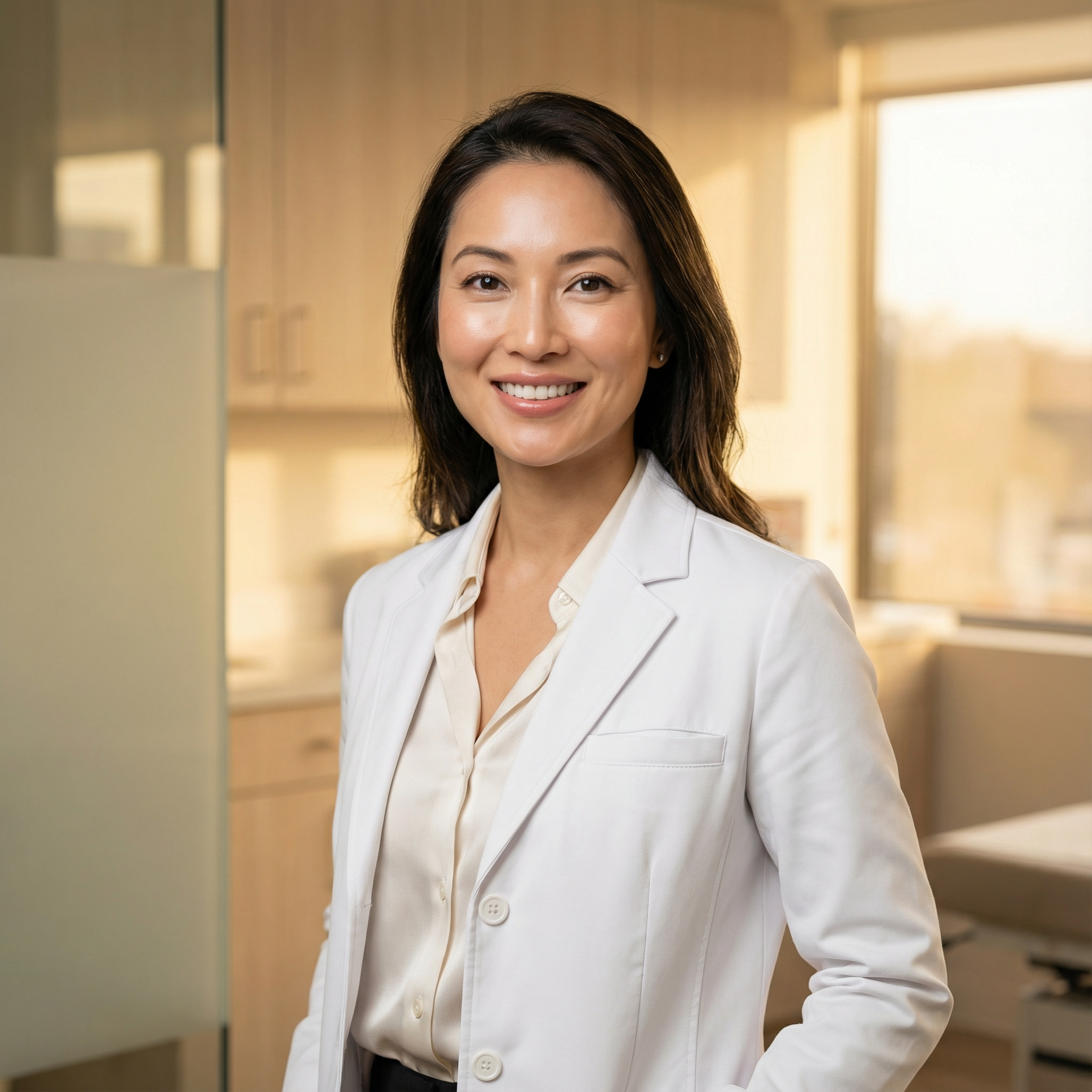 Person smiling in a bright office, wearing a white blazer.