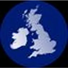 Map silhouette of the United Kingdom and Ireland on a blue circle background.