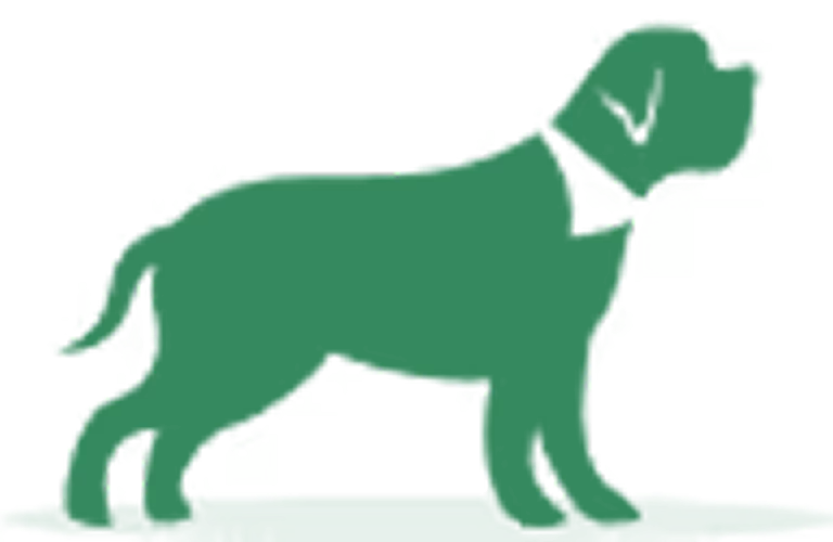 Silhouette of a standing dog facing right.