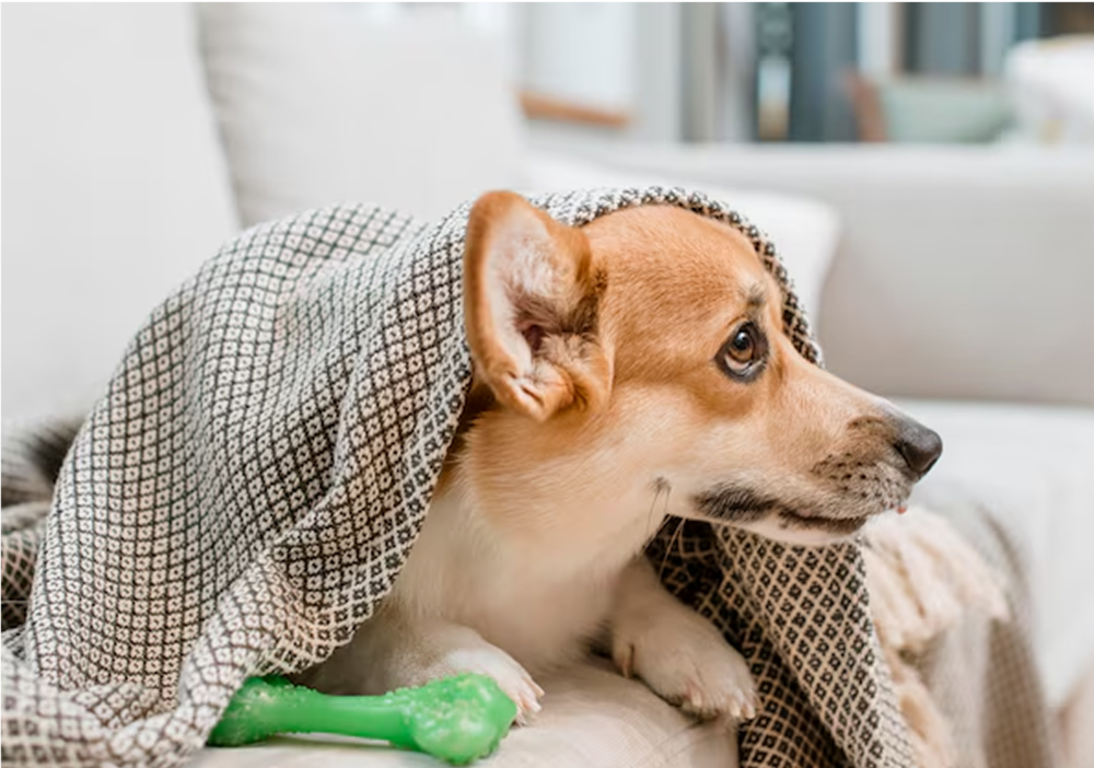 Corgi dog under a patterned blanket with a green toy on a couch.