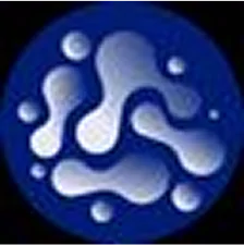 Abstract blue and white circular design with organic shapes.