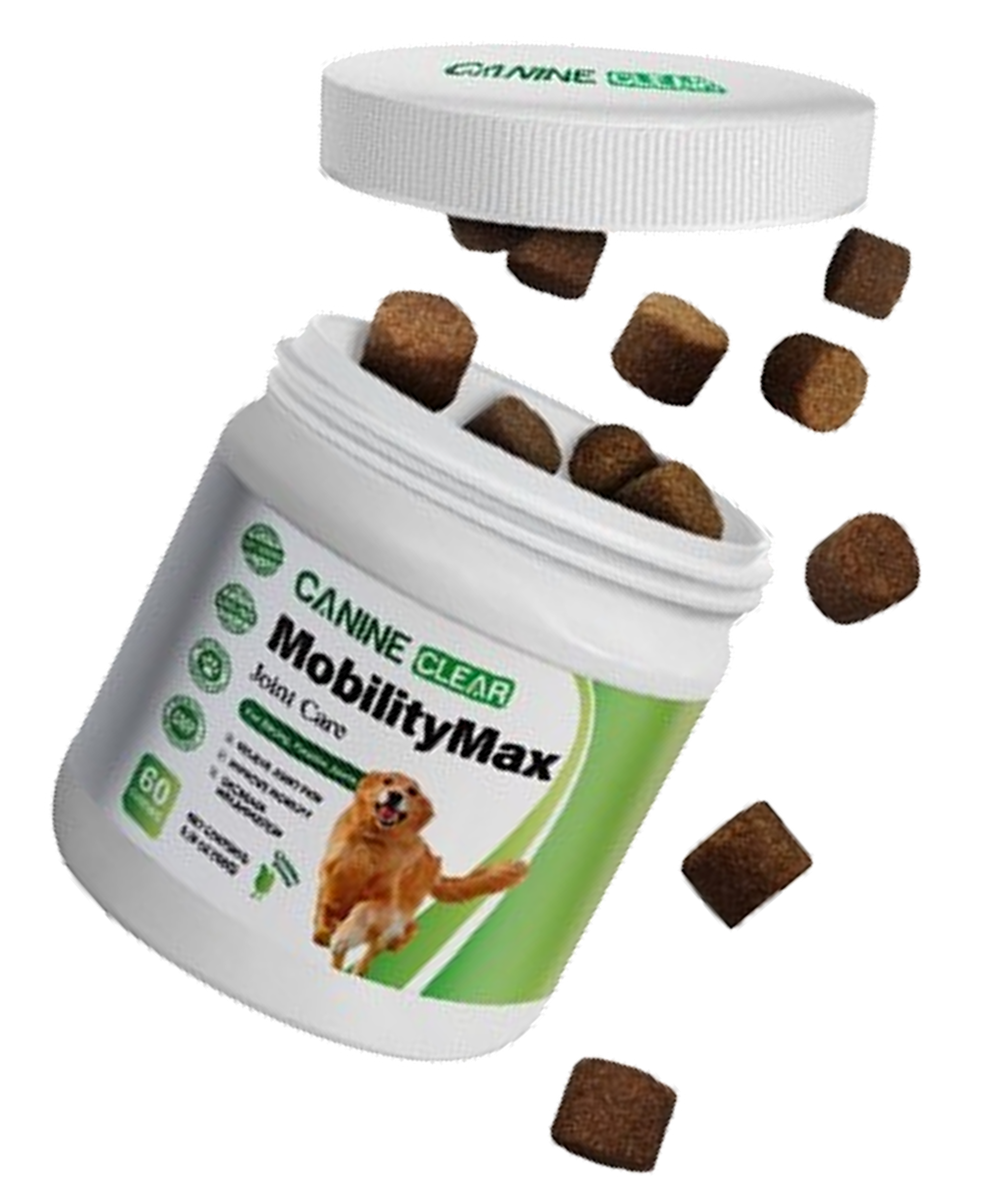 Open container of dog supplements with scattered brown chews.