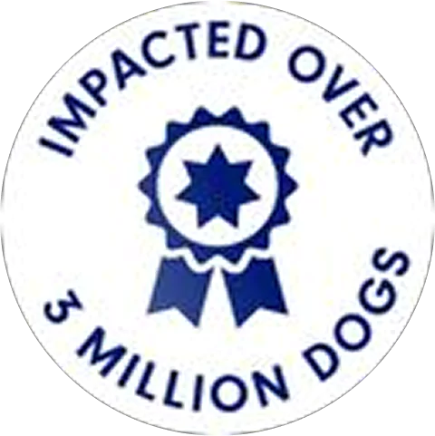 Badge with text 'Impacted Over 3 Million Dogs' and a ribbon icon.