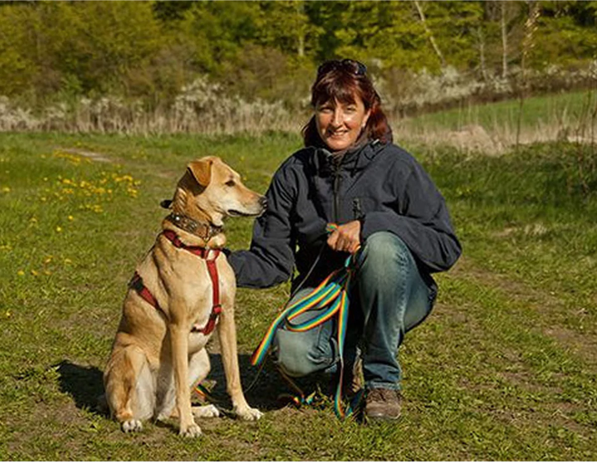 Person kneeling beside a dog in a grassy field.