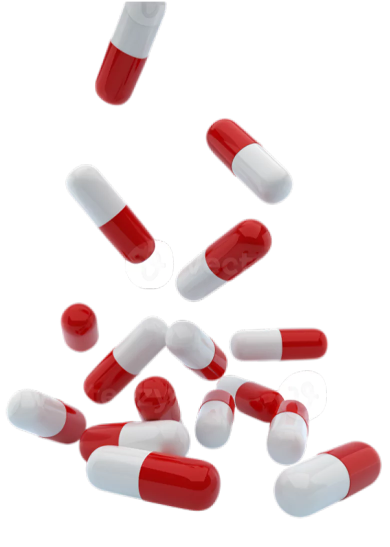 Red and white capsules falling against a black background.