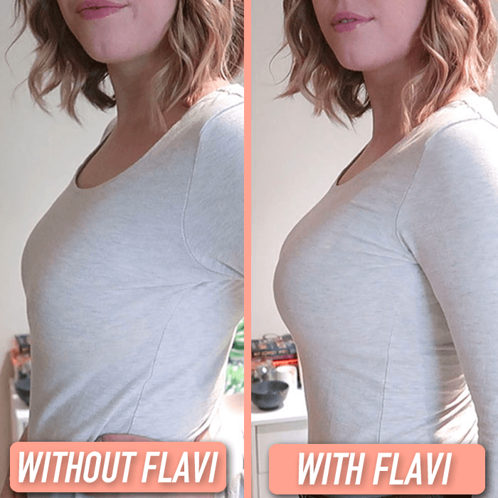 A before-and-after comparison of a woman's bust in a grey shirt, showing the effect of a product called Flavi.