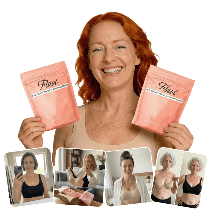 A collage showing a woman holding two pink product packages above four smaller photos of women wearing bras.