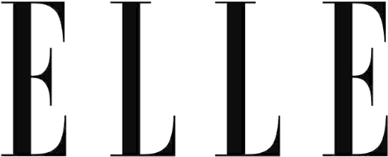 The word ELLE in a stylized, black serif font with a white outline on a black background.