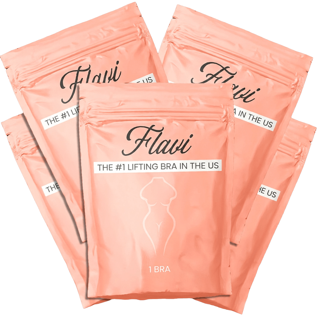 Several pink resealable pouches of 'Flavi' lifting bras fanned out against a white background.