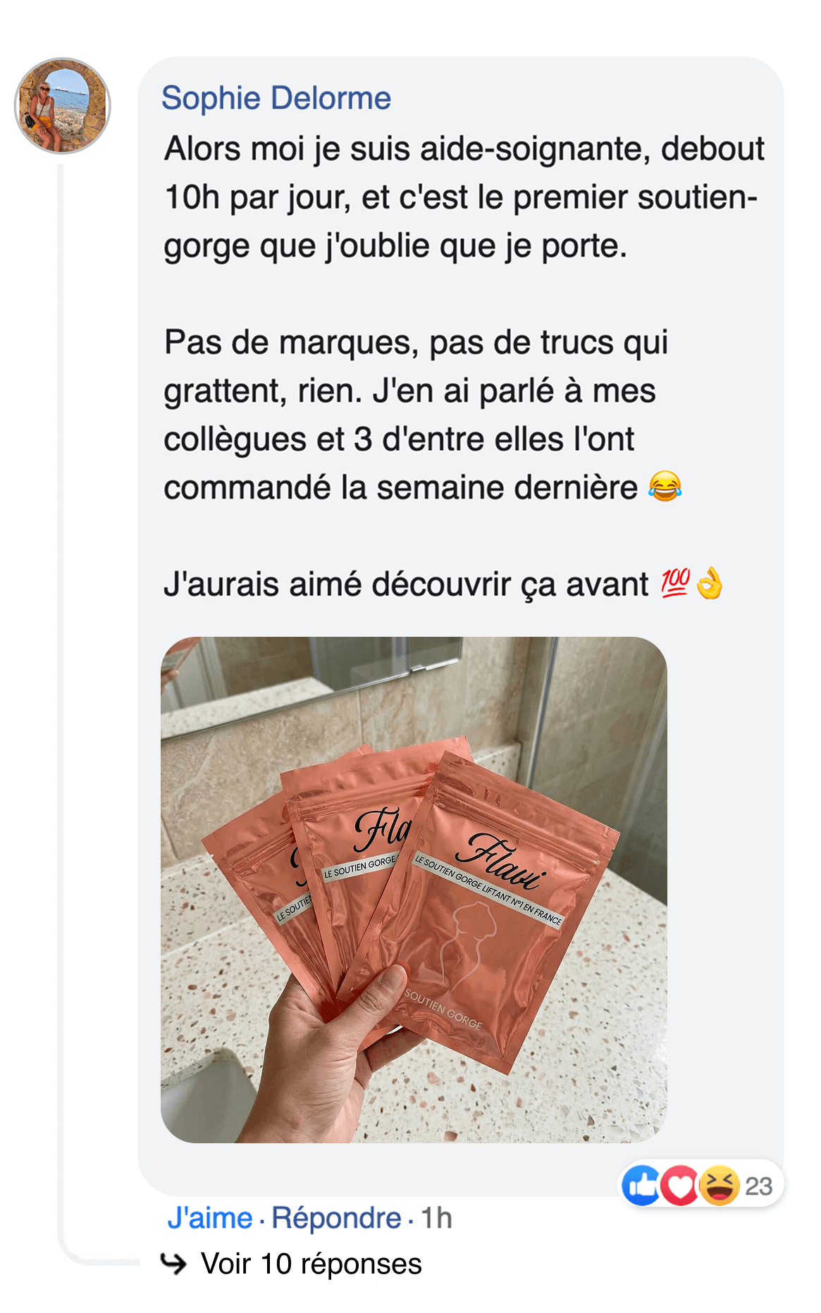 A screenshot of a social media post with a customer review and a photo of product packaging.
