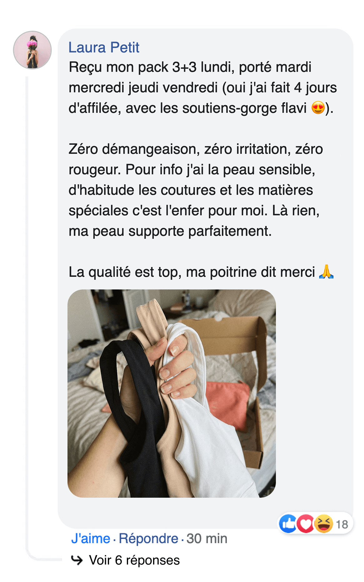 A screenshot of a customer review showing a hand holding three bras in black, beige, and white.