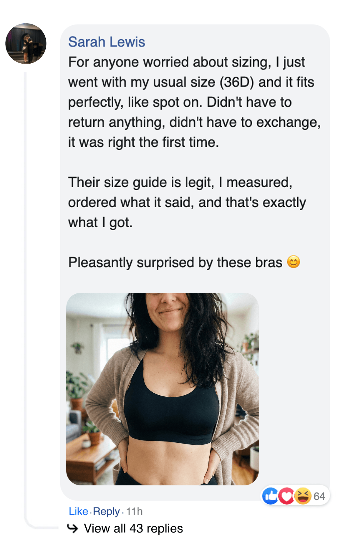 A screenshot of a customer review for a bra, with an attached photo of the customer wearing it.
