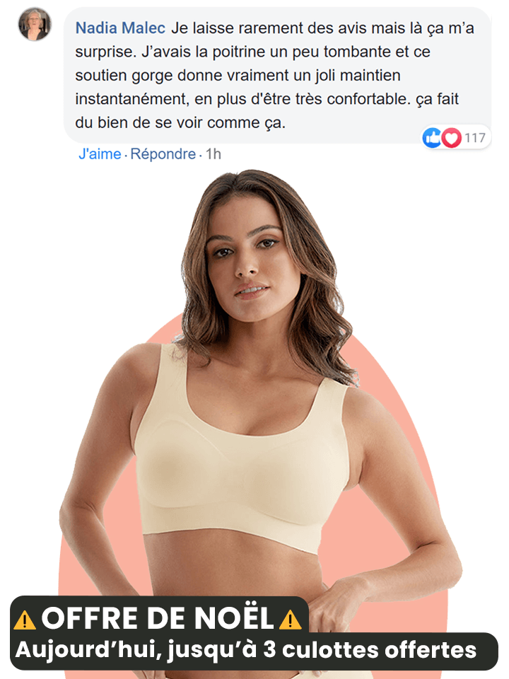 Woman in a beige bra with text about a special offer and a customer review.