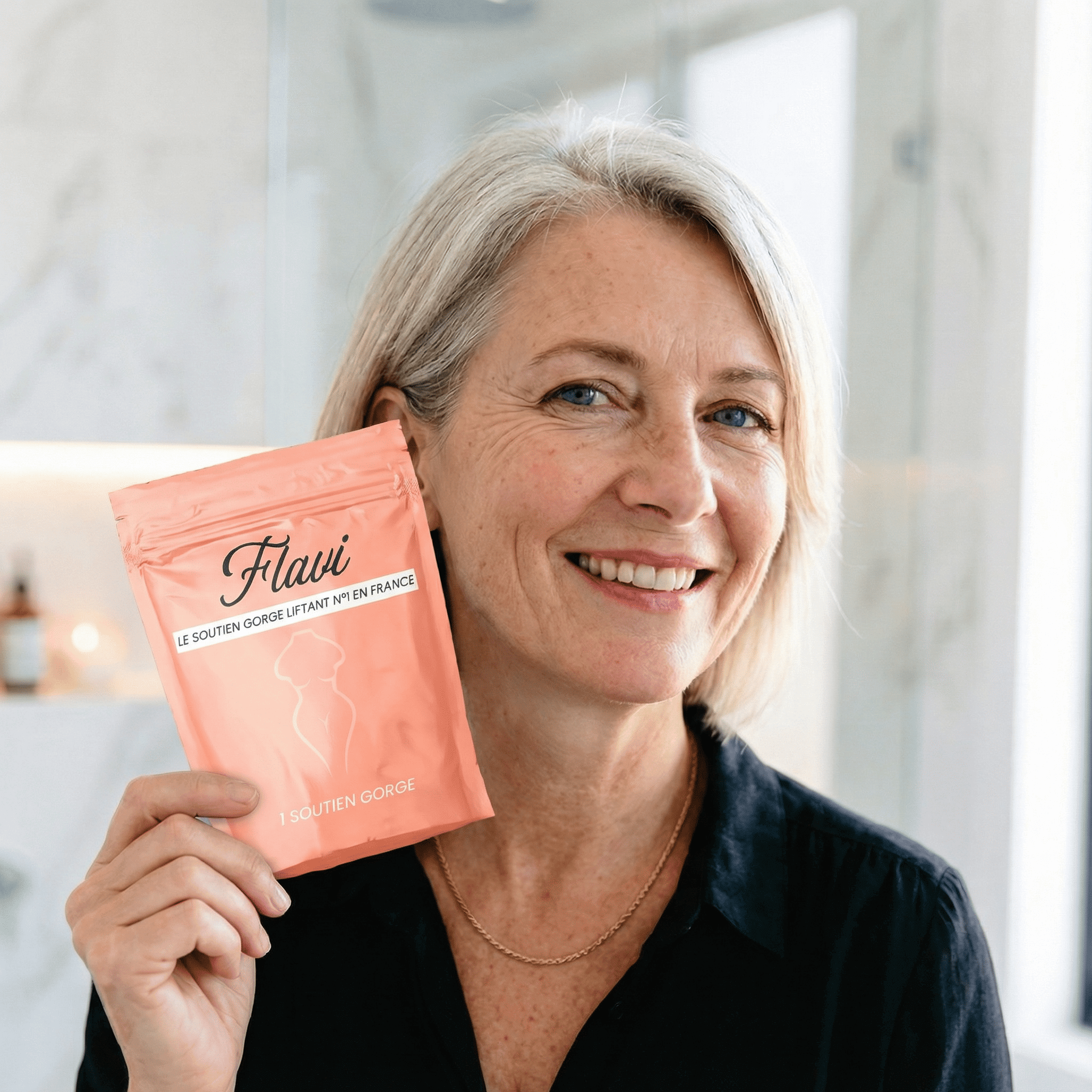 A smiling woman with gray hair and a black shirt holds up a pink product pouch.
