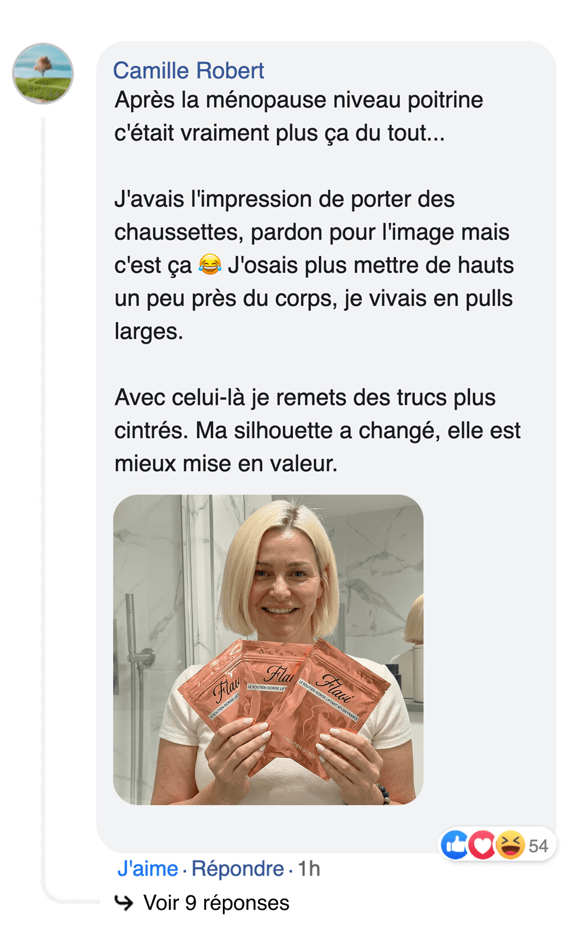 A screenshot of a social media comment with a photo of a woman holding three pink product packages.