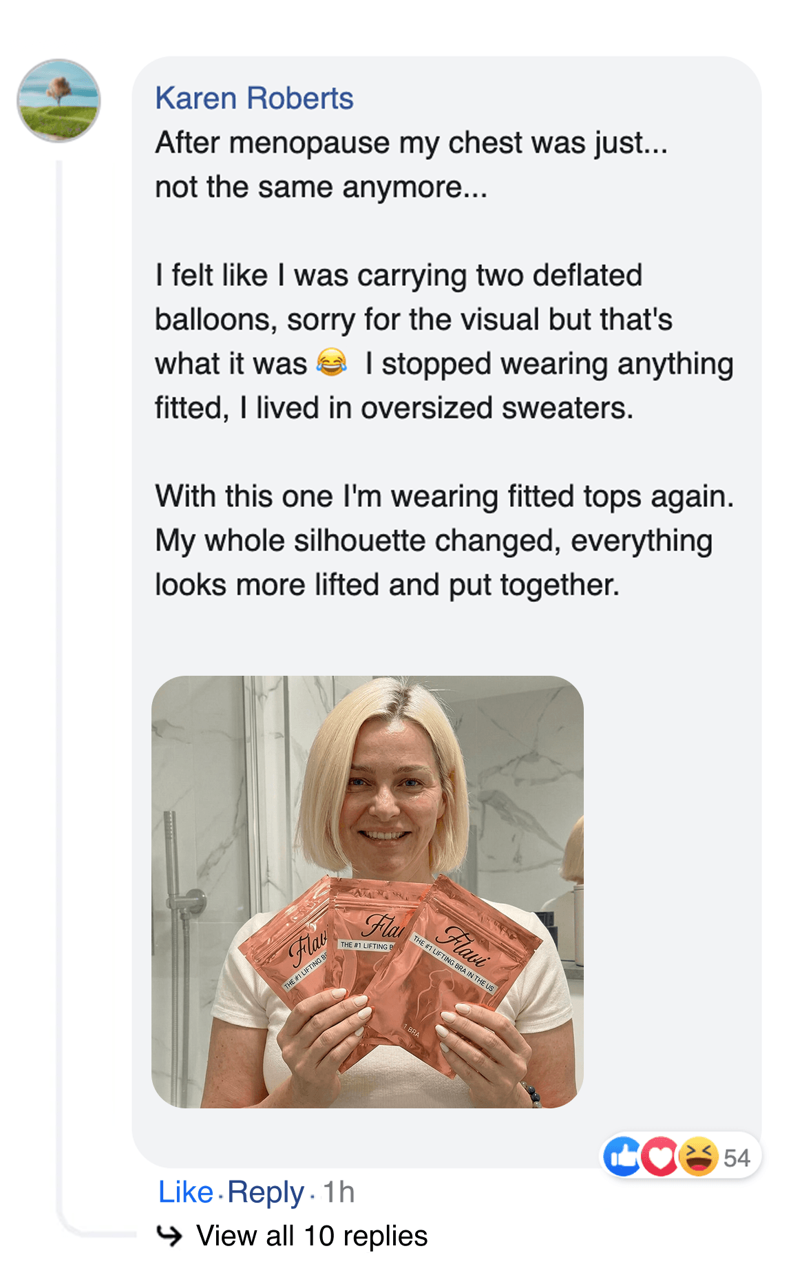 A screenshot of a social media comment, with a photo of a woman holding three pink packages.
