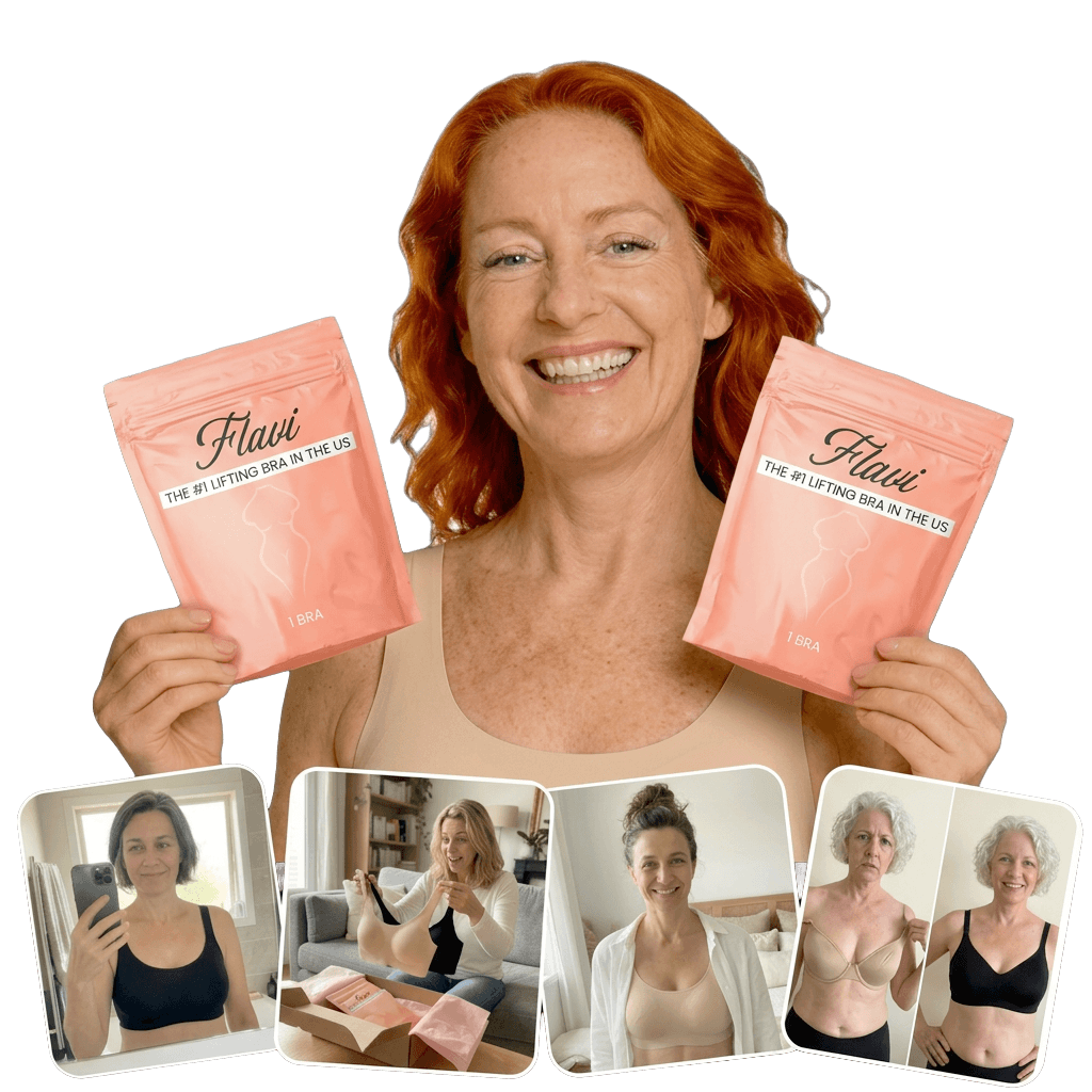 A woman holds two packages of Flavi bras above smaller photos of other women wearing the product.