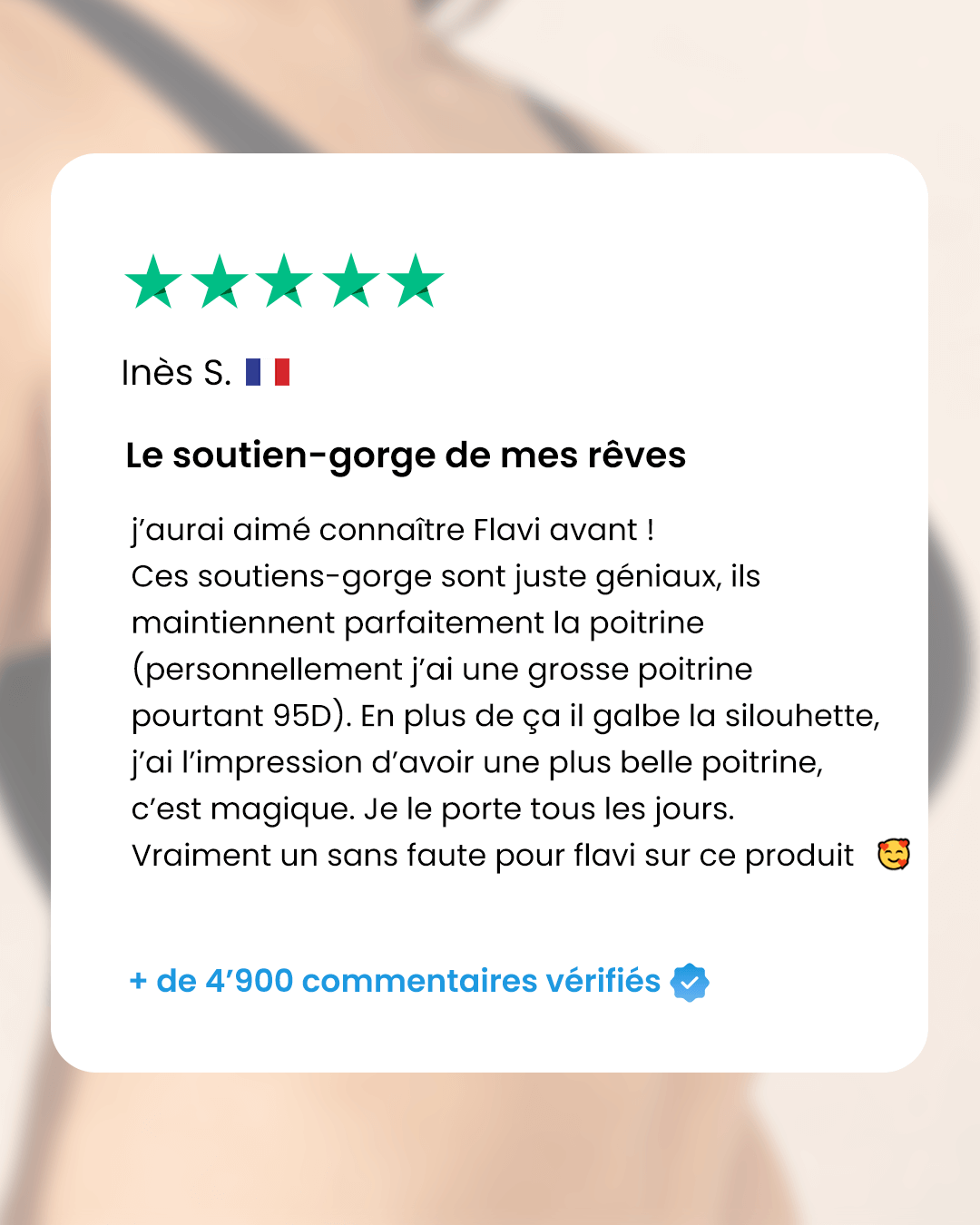 Customer review with five green stars and French text about a product.