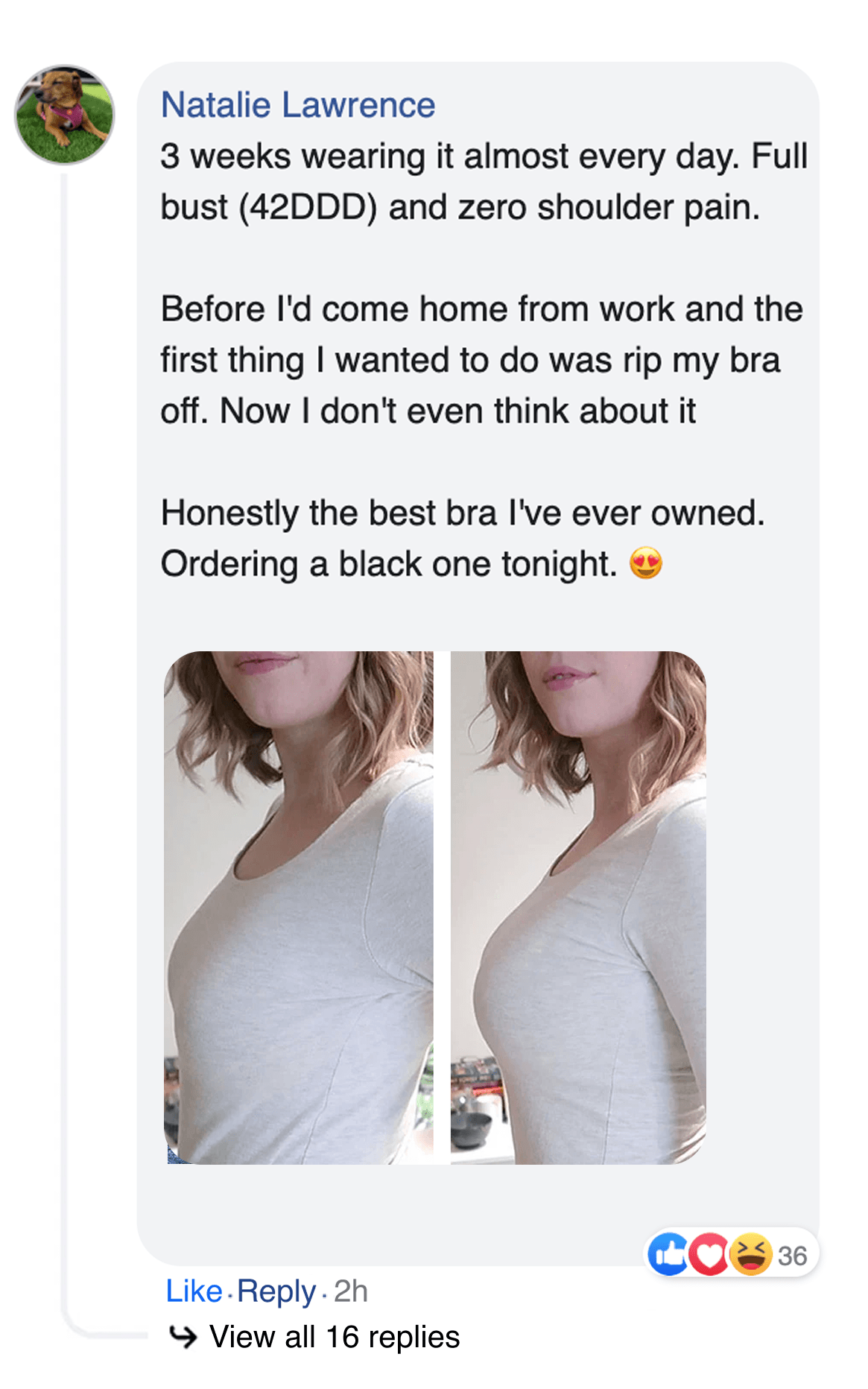 A screenshot of a customer review with before and after photos of a woman wearing a light-colored top.