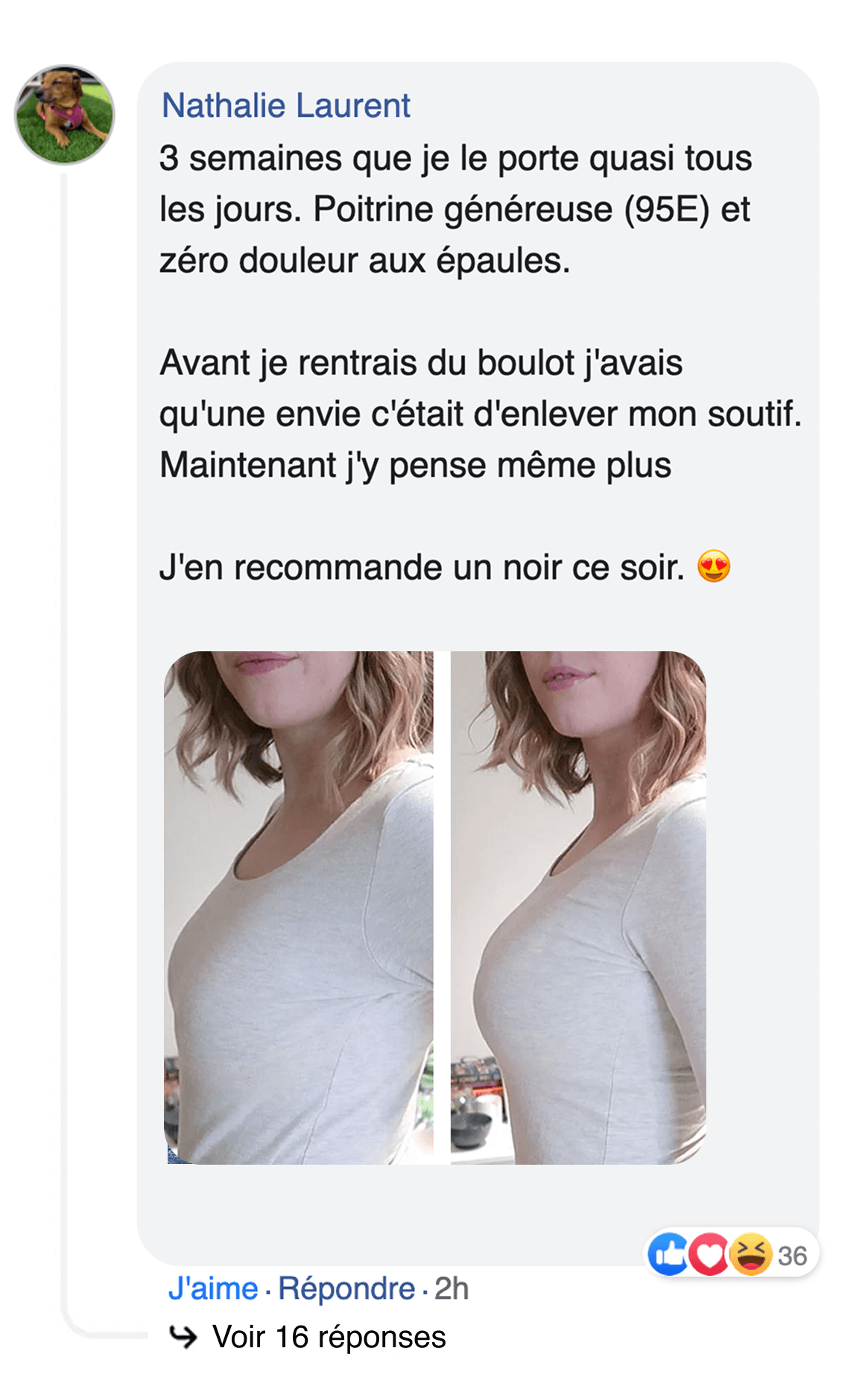 A screenshot of a social media comment with a text review and two side-profile photos of a woman's torso.