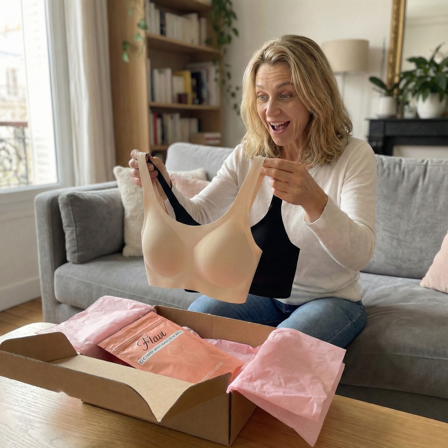 A woman sits on a couch, excitedly holding up two seamless bras from an open box on the table.