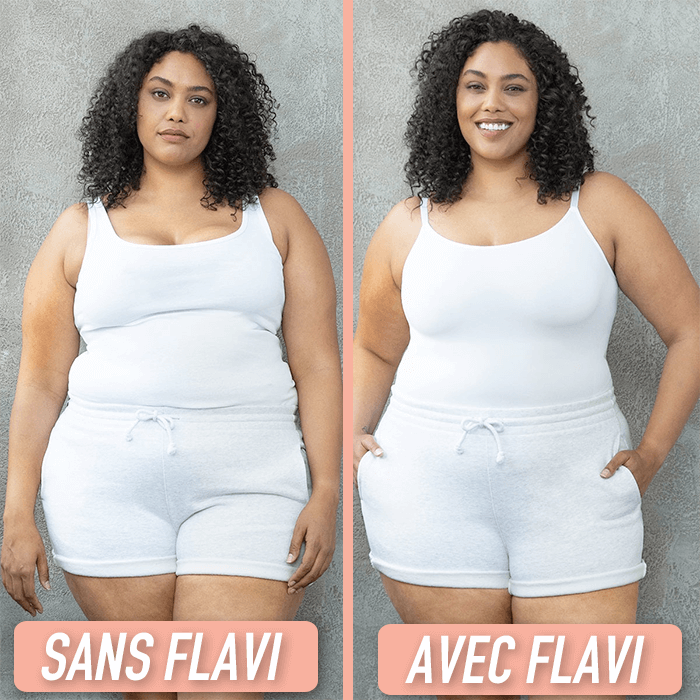 Two women in white tank tops and shorts, side by side, labeled 'Sans Flavi' and 'Avec Flavi.'