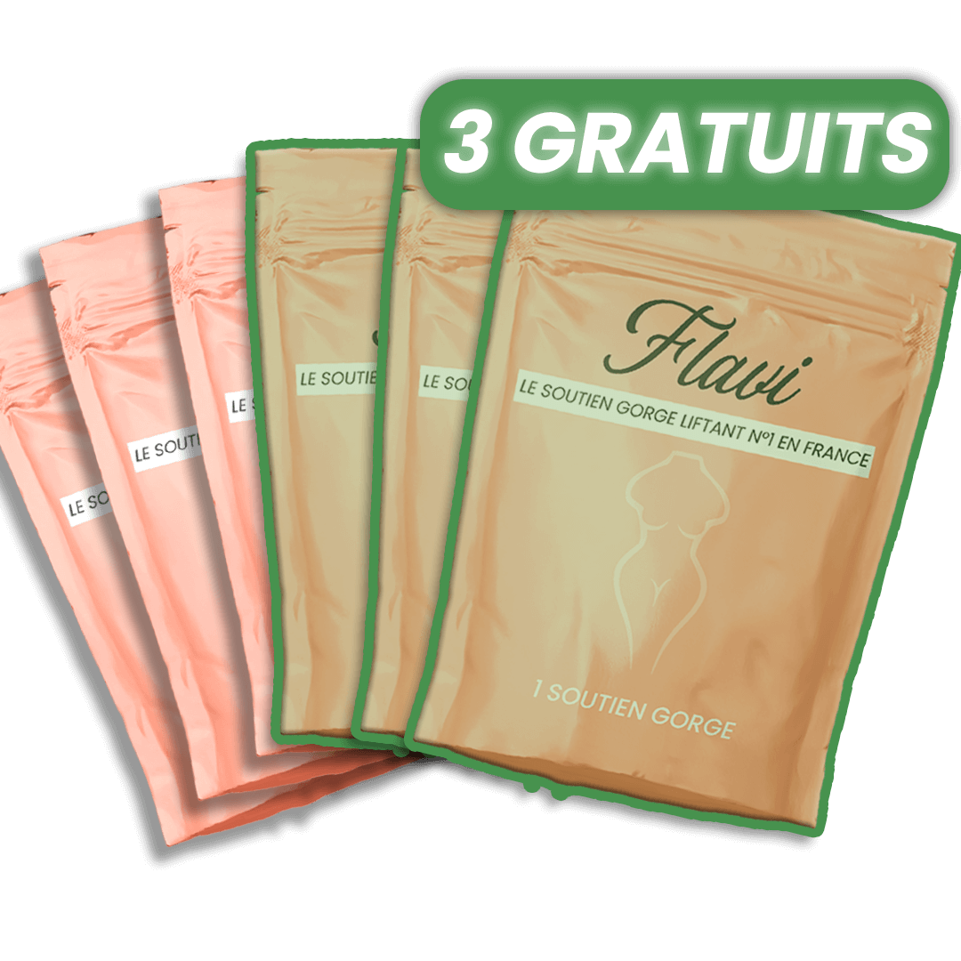 Six pink and beige pouches with '3 GRATUITS' text.