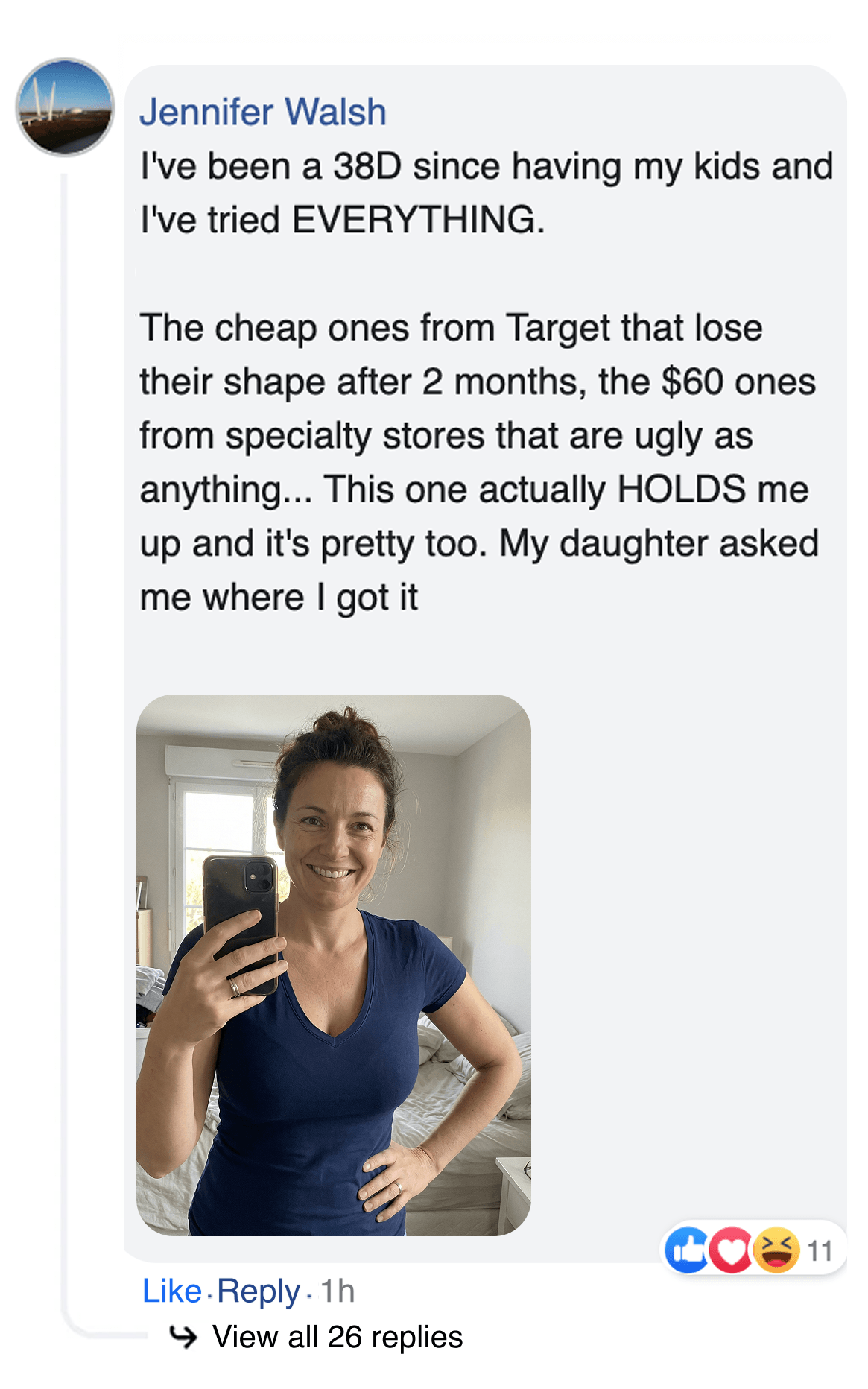 A screenshot of a social media comment by Jennifer Walsh, including a selfie of her in a blue shirt.