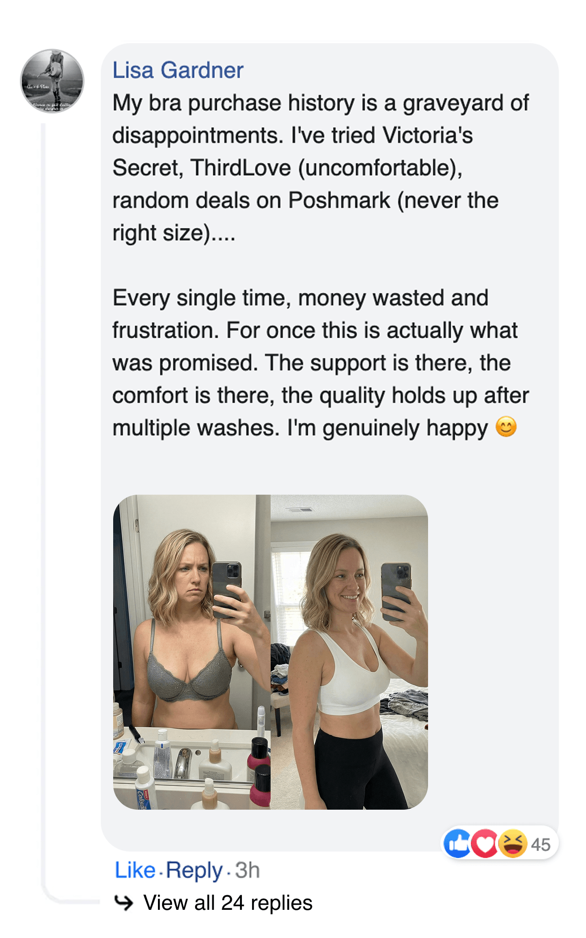 A social media post with a customer's text review and before-and-after photos wearing different bras.