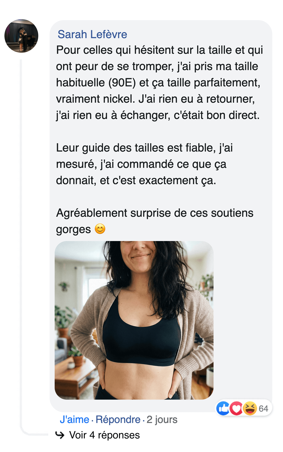 A screenshot of a social media comment in French, with a photo of a woman wearing a black bra.