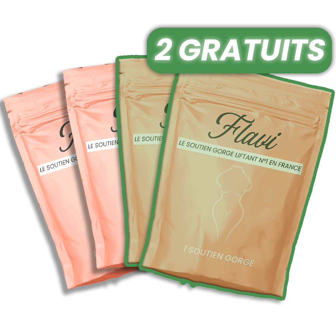 Four packaging pouches labeled 'Flavi,' with a '2 gratuits' offer sign.