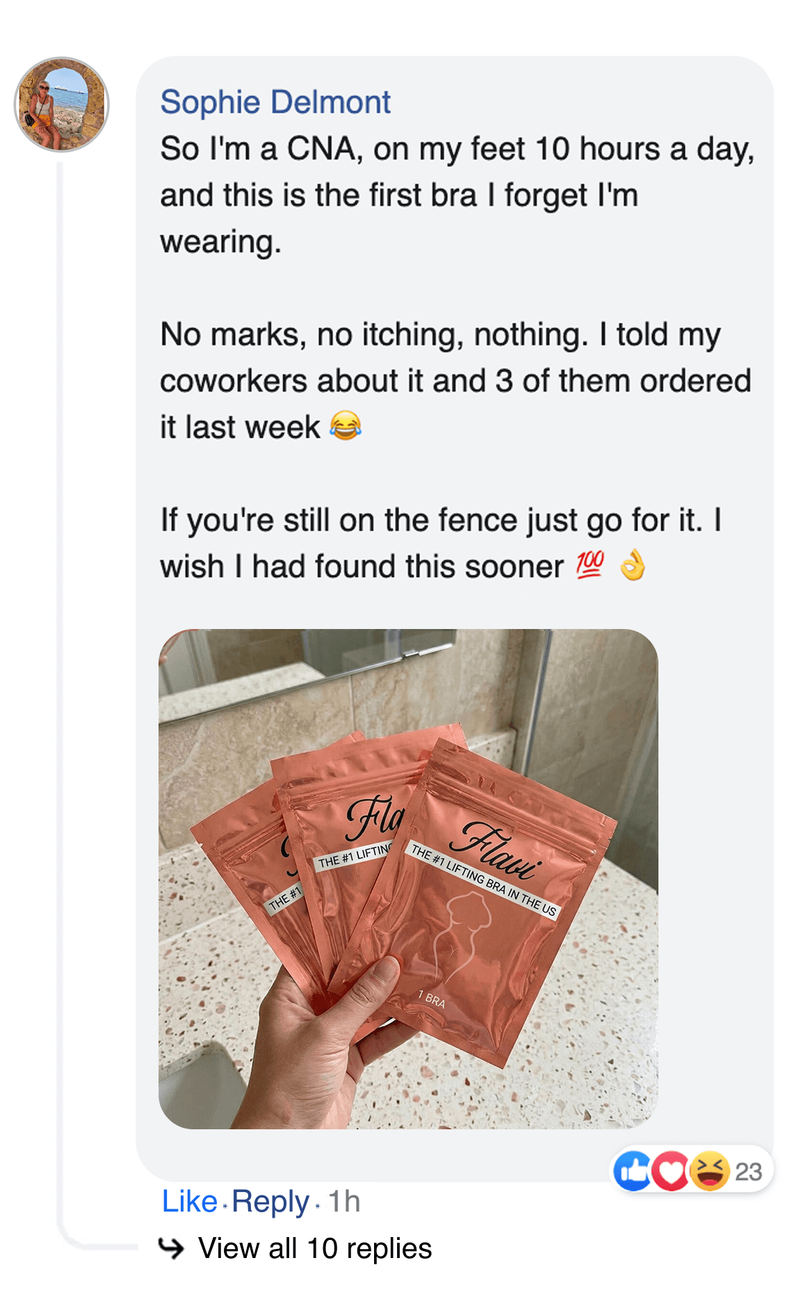 A screenshot of a social media comment praising a bra, including a photo of the product's packaging.