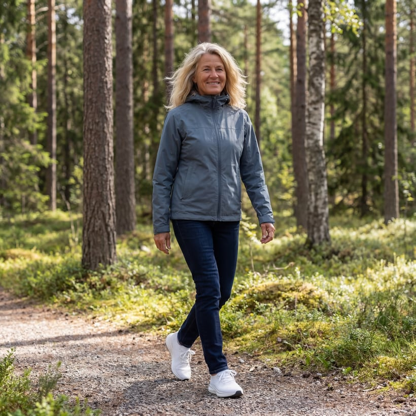 A woman in a grey jacket, jeans, and white sneakers walks on a path through a forest.