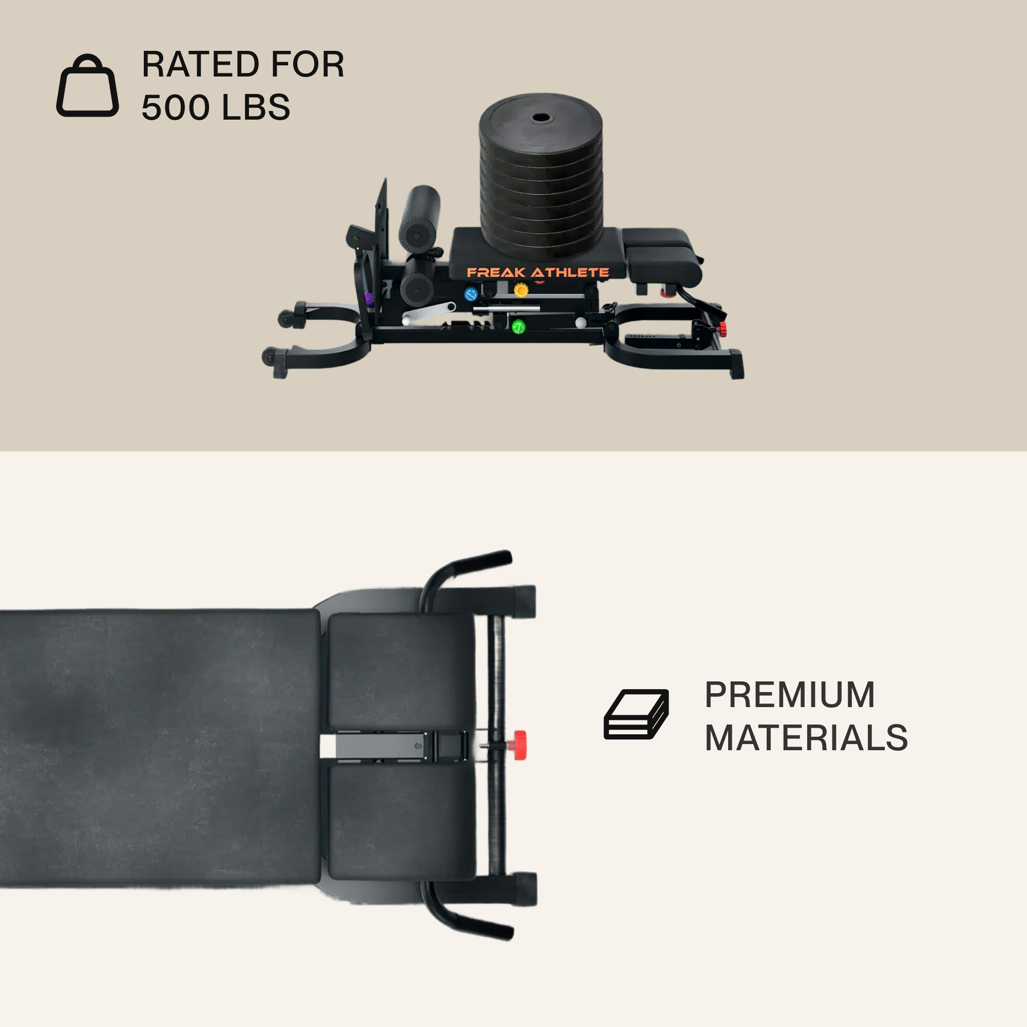 A black exercise machine with a stack of weights, shown from a side view and a top-down view.